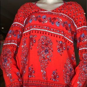 long sleeve red V-neck blouse